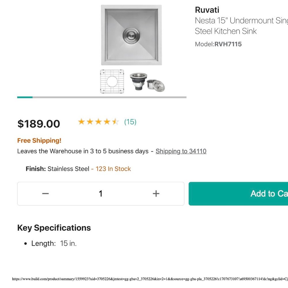 COPY - Ruvati Nesta 15" Undermount Single Basin Stainless Steel Kitchen Sink